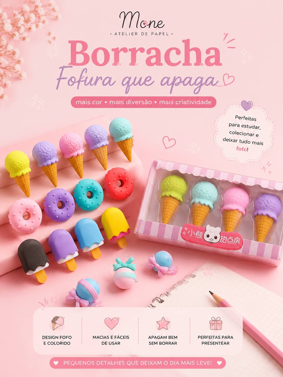 Borrachas fofas formato sorvete, donuts e picolé coloridos para colecionar