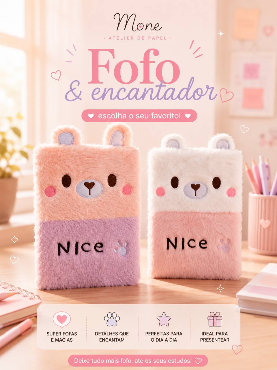 Caderno peluciado fofo com formato de ursinho - super macio e encantador