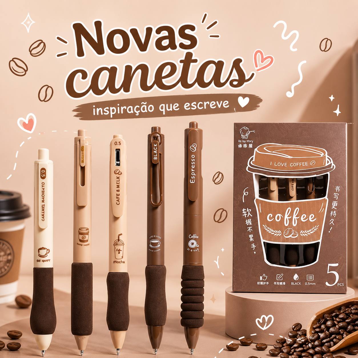 Canetas temáticas café - design inspirado em café, escrita suave e confortável