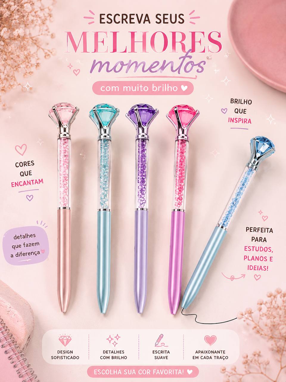 Canetas com diamante colorido - escrita suave, brilho que inspira