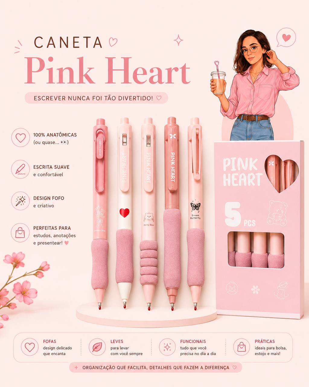 Caneta Pink Heart - kit com 5 canetas anatômicas com design fofo e escrita suave