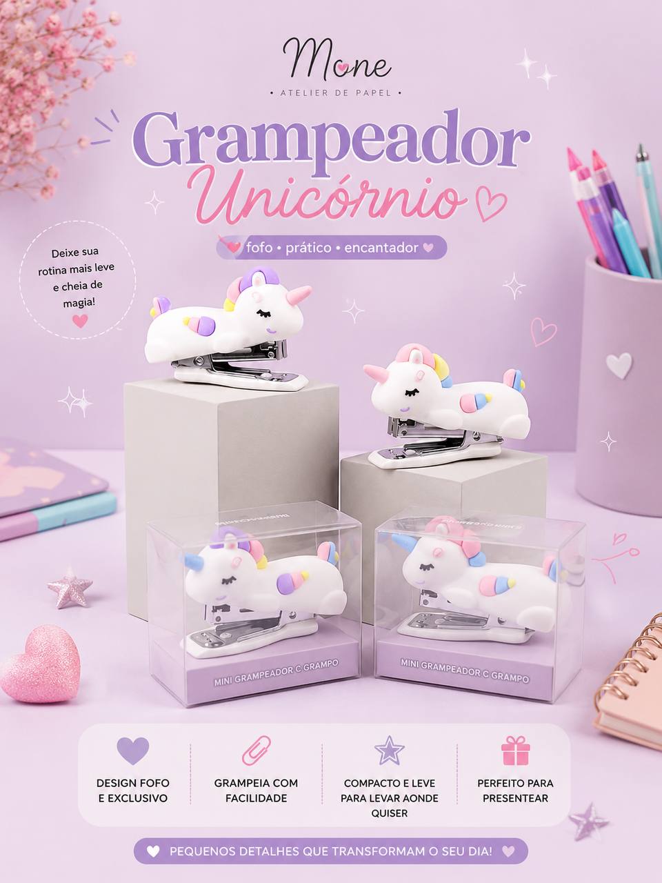 Grampeador Unicórnio fofo - design exclusivo com formato de unicórnio, compacto e leve