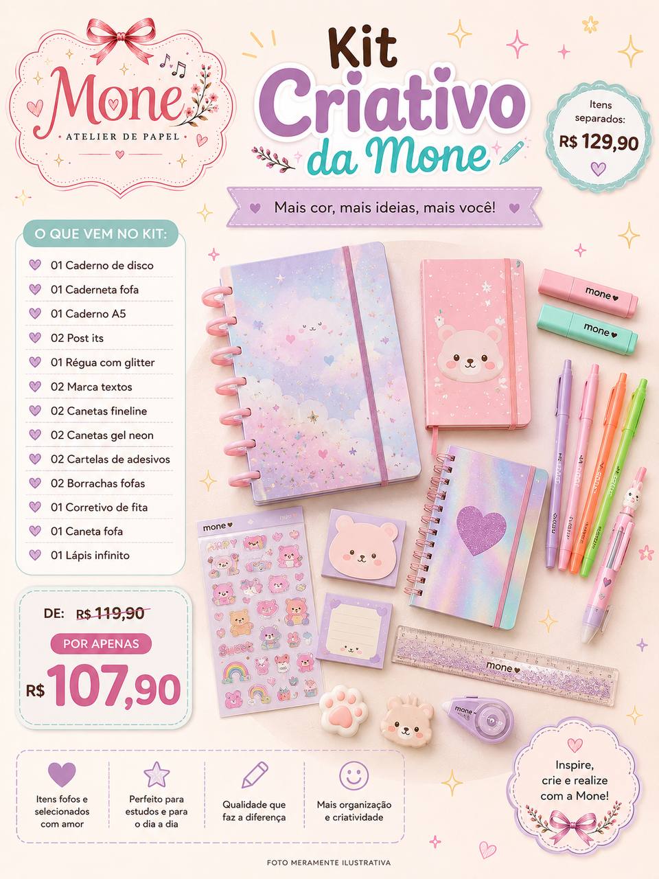 Kit Criativo da Mone - caderno de disco, post its, régua glitter, adesivos, canetas gel neon - R$ 107,90