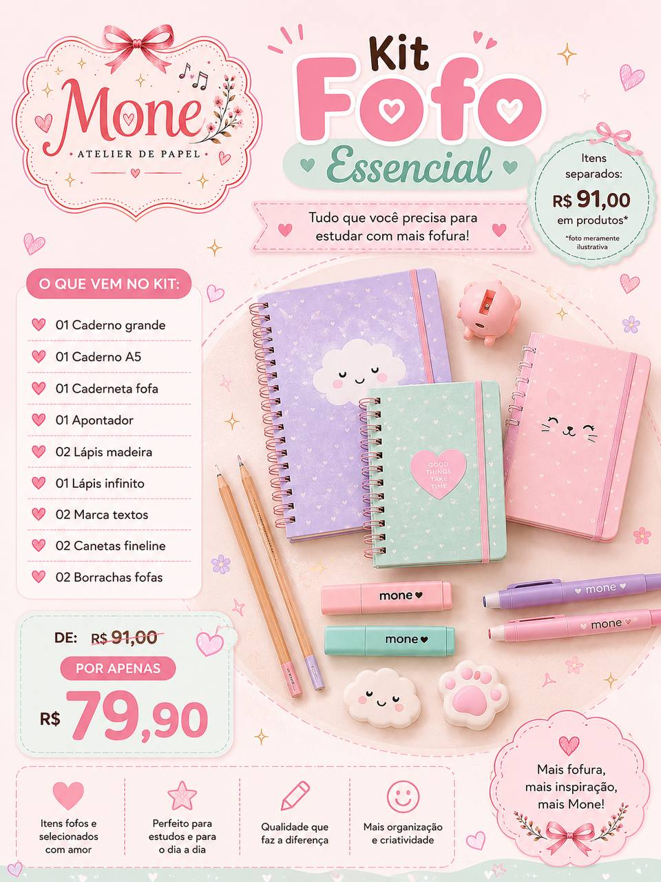 Kit Fofo Essencial - caderno, lápis, marca-textos, canetas fineline, borrachas fofas - R$ 79,90