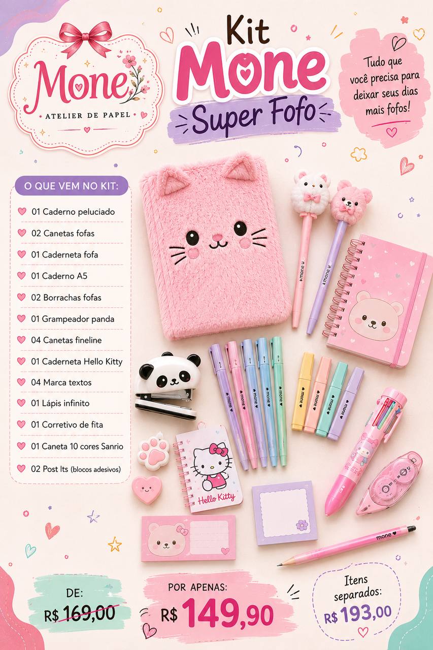 Kit Mone Super Fofo - caderno peluciado, canetas fofas, grampeador panda, Hello Kitty e mais - R$ 149,90
