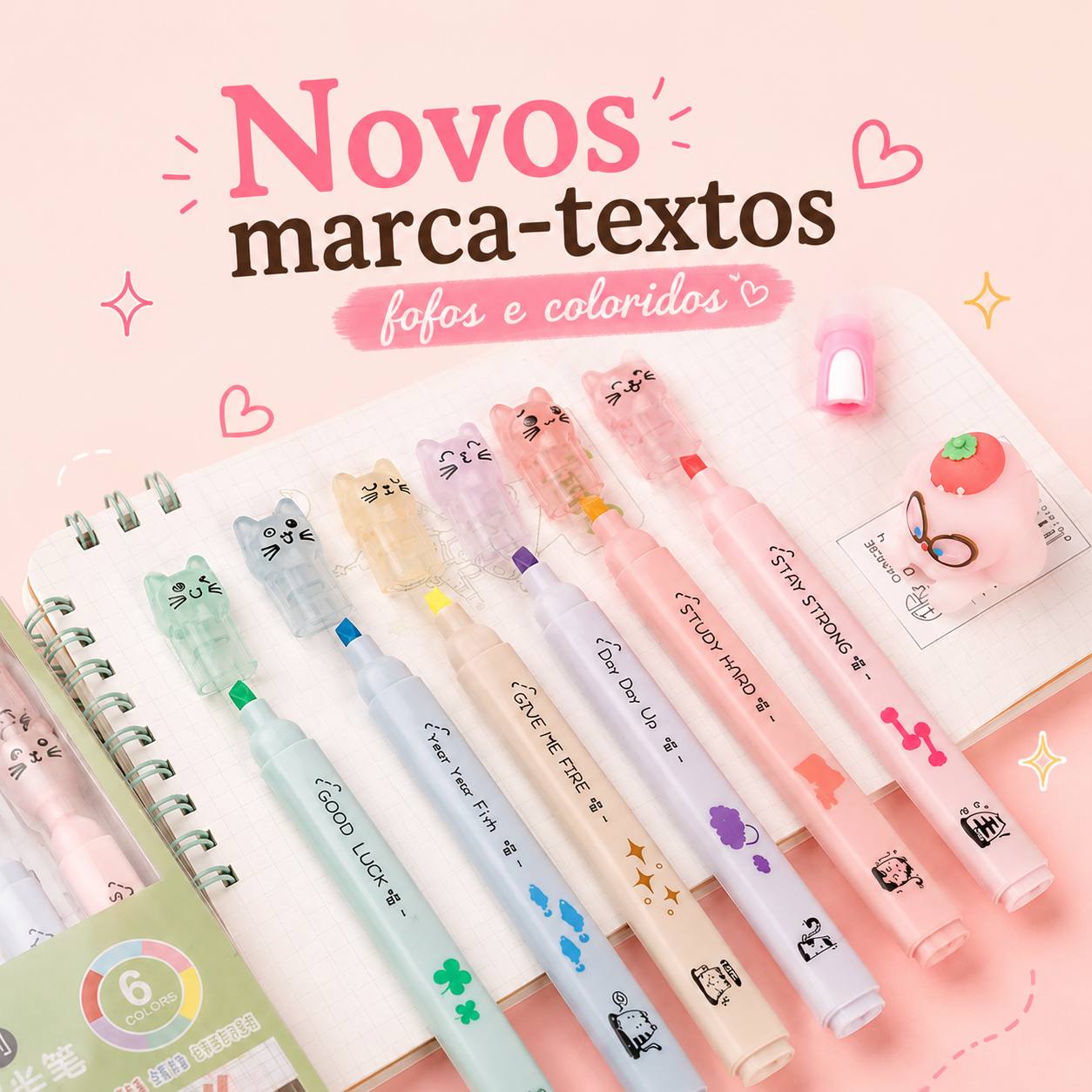 Marca-textos fofos e coloridos com formato de gatinho - coleção especial